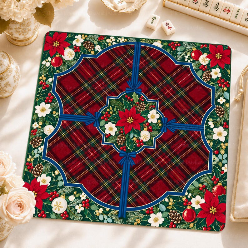 Tartan Poinsettia Christmas Mahjong Mat, American Mah Jongg Mat, Non-slip Table Cover
