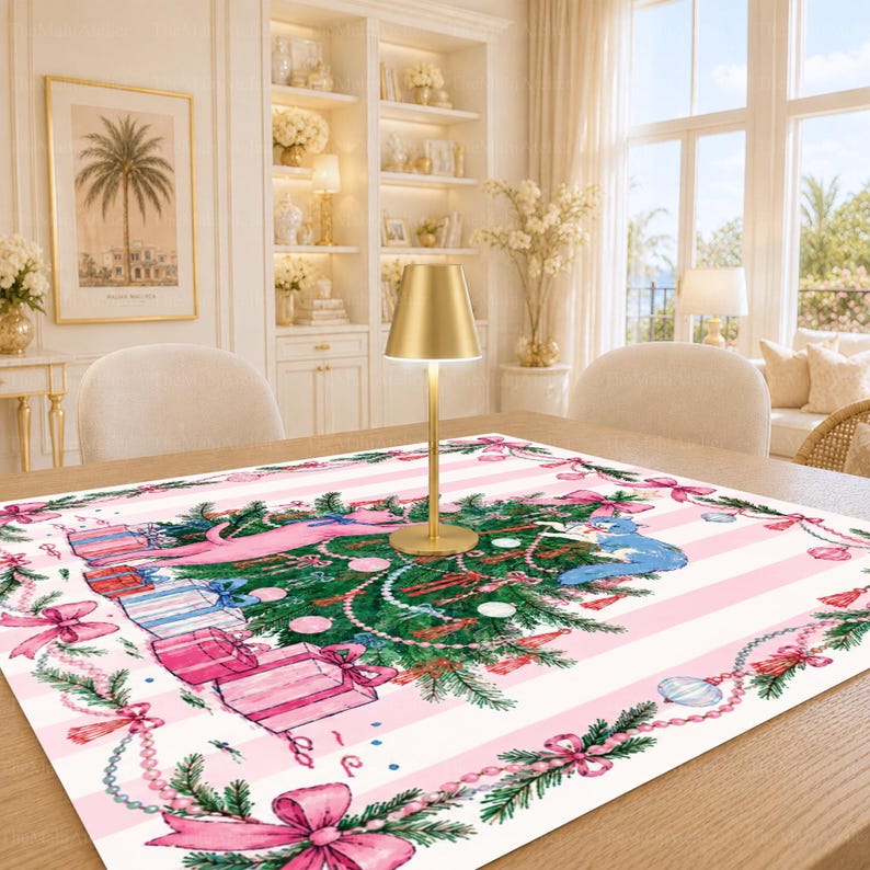 Pink Christmas Cat Mahjong Mat, American Mah Jongg Mat, Non-slip Table Cover