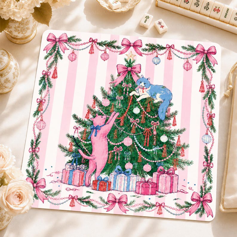 Pink Christmas Cat Mahjong Mat, American Mah Jongg Mat, Non-slip Table Cover
