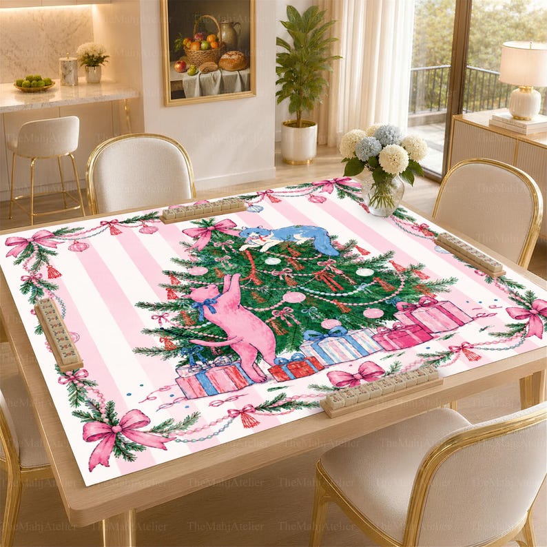 Pink Christmas Cat Mahjong Mat, American Mah Jongg Mat, Non-slip Table Cover
