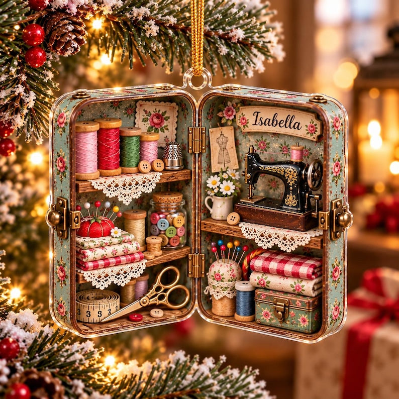 Personalized Sewing Christmas Ornament, Vintage Sewing Machine Ornament, Custom Name Seamstress Gift