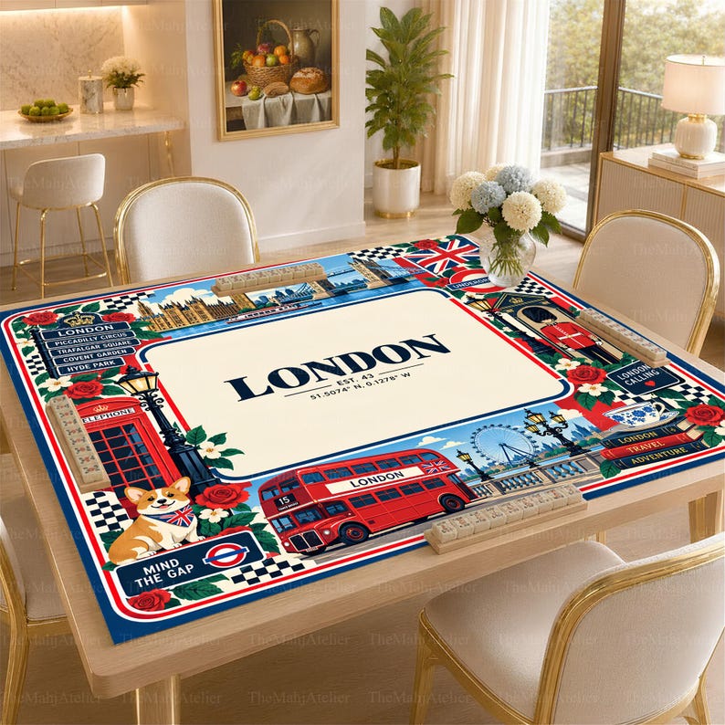 London City Mahjong Mat, British Travel American Mahjong Game Mat, Big Ben Red Bus Union Jack Table Cover