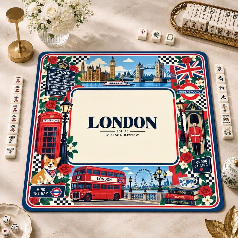 London City Mahjong Mat, British Travel American Mahjong Game Mat, Big Ben Red Bus Union Jack Table Cover