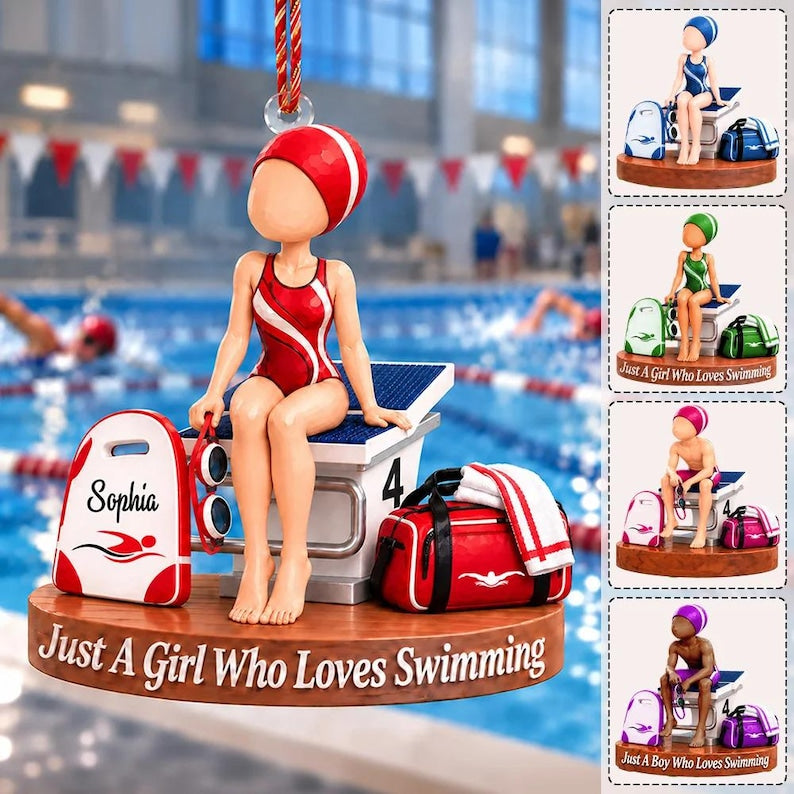 Just A Girl Who Loves Swimming, Personalized Swimmer Christmas Ornament, Swim Team Girl Gift