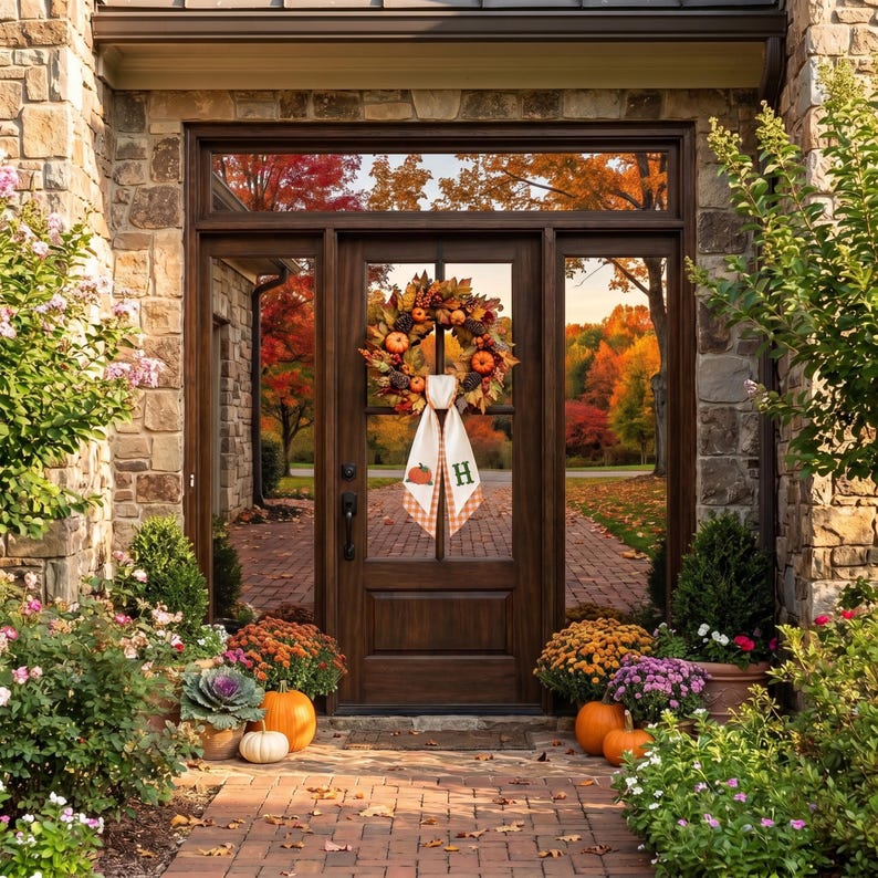 Custom Fall Pumpkin Wreath Sash with Monogram, Personalized Embroidered Autumn Bow
