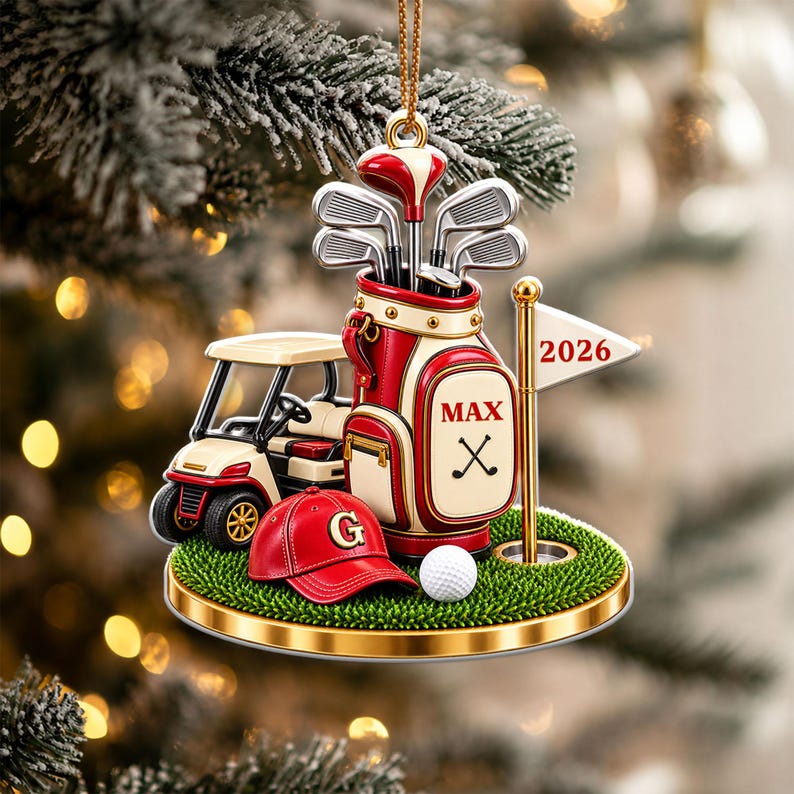 Personalized Golf Bag Ornament, Acrylic Xmas Tree Decor, Custom Name Golf Lover Christmas Gift