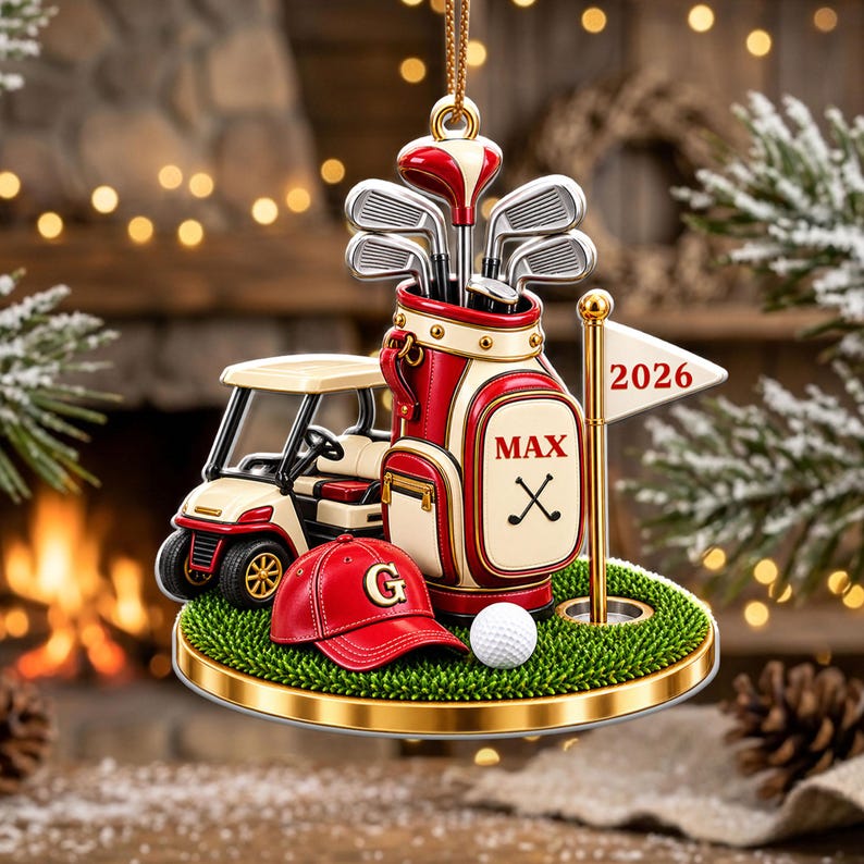 Personalized Golf Bag Ornament, Acrylic Xmas Tree Decor, Custom Name Golf Lover Christmas Gift