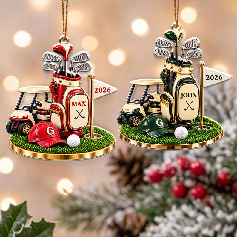 Personalized Golf Bag Ornament, Acrylic Xmas Tree Decor, Custom Name Golf Lover Christmas Gift