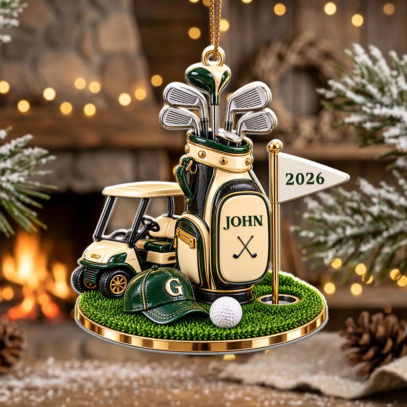 Personalized Golf Bag Ornament, Acrylic Xmas Tree Decor, Custom Name Golf Lover Christmas Gift