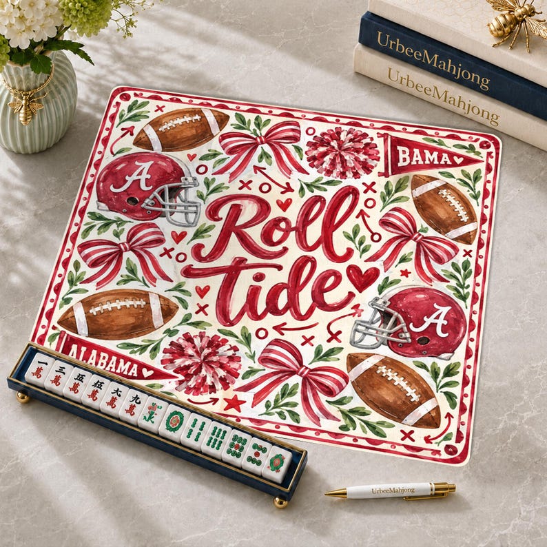Roll Tide Alabama Mahjong Mat, Crimson Football Helmet Preppy Tailgate Game Night Gift, American Mahjong Table Cover
