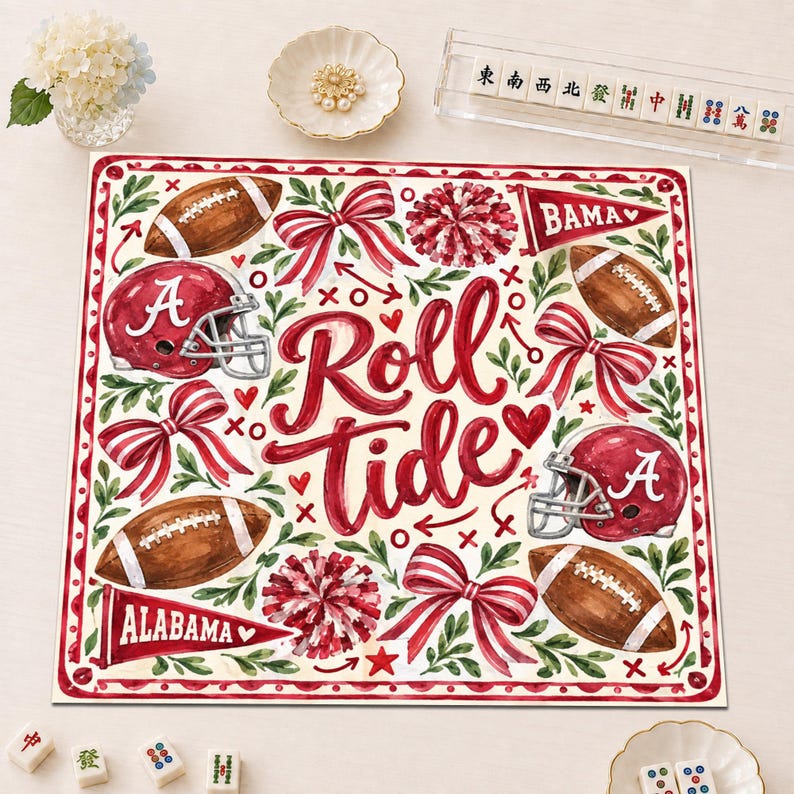 Roll Tide Alabama Mahjong Mat, Crimson Football Helmet Preppy Tailgate Game Night Gift, American Mahjong Table Cover