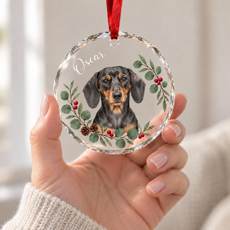 Custom Pet Portrait Glass Ornament, Personalized Dog or Cat Christmas Keepsake, Botanical Design