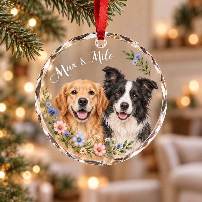 Custom Pet Portrait Glass Ornament, Personalized Dog or Cat Christmas Keepsake, Botanical Design