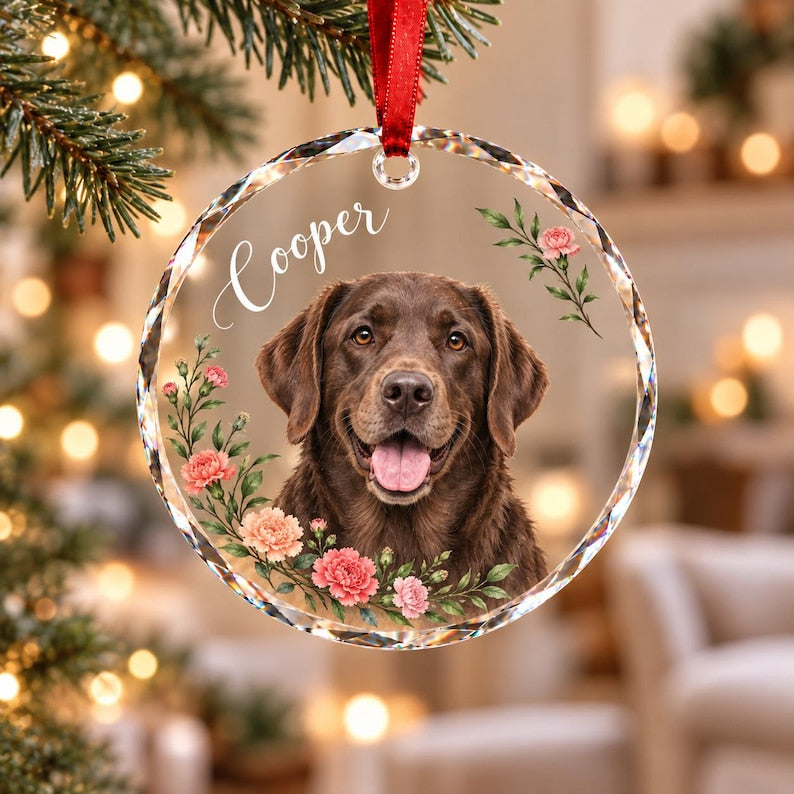 Custom Pet Portrait Glass Ornament, Personalized Dog or Cat Christmas Keepsake, Botanical Design