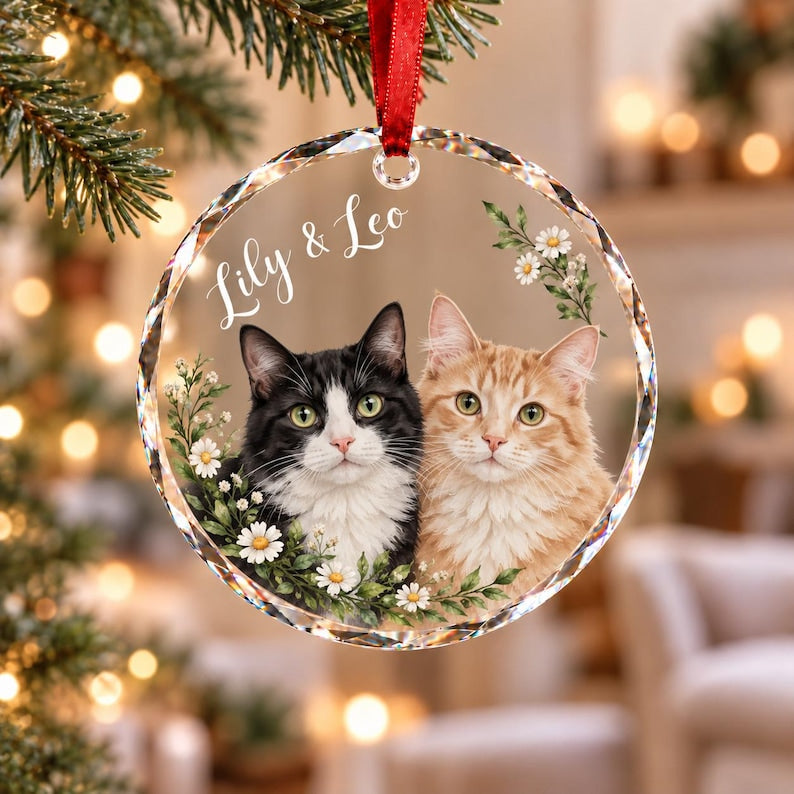 Custom Pet Portrait Glass Ornament, Personalized Dog or Cat Christmas Keepsake, Botanical Design