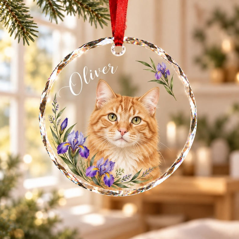 Custom Pet Portrait Glass Ornament, Personalized Dog or Cat Christmas Keepsake, Botanical Design
