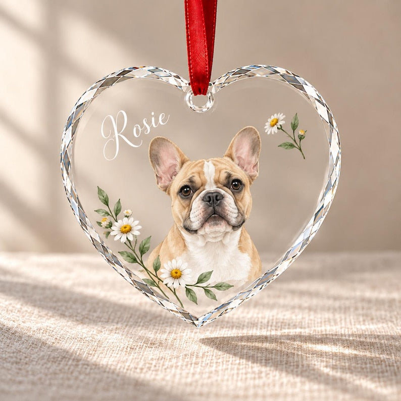 Custom Pet Portrait Glass Ornament, Personalized Dog or Cat Christmas Keepsake, Botanical Design