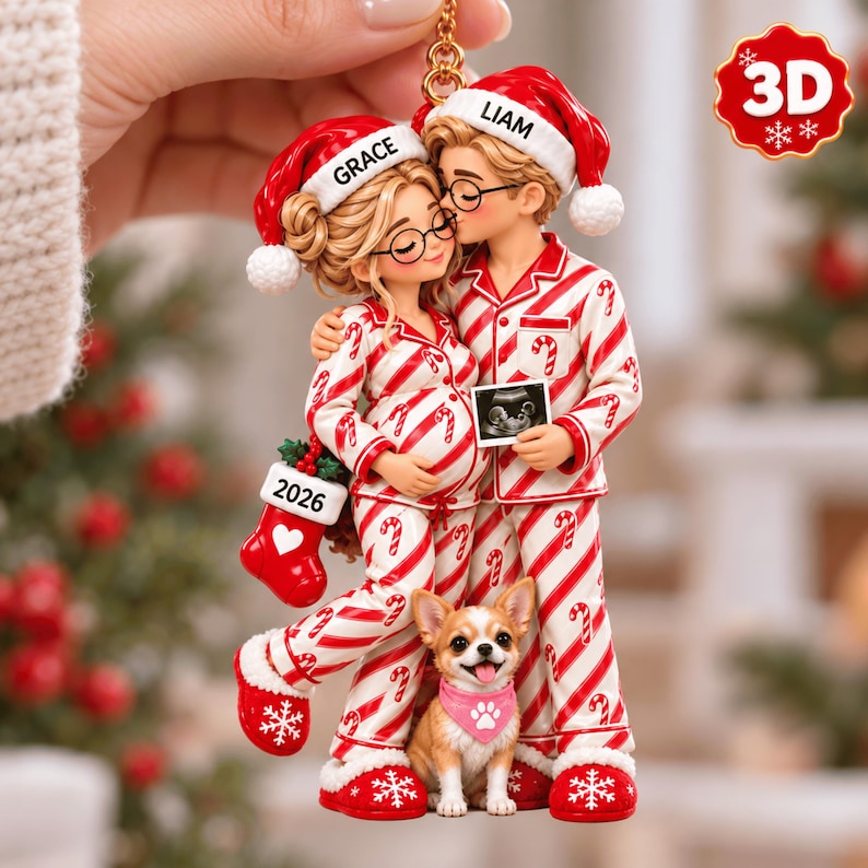 Custom 3D Relief Pregnancy Couple Ornament, Personalized Mom Dad Christmas Keepsake, Expecting Baby Ornament