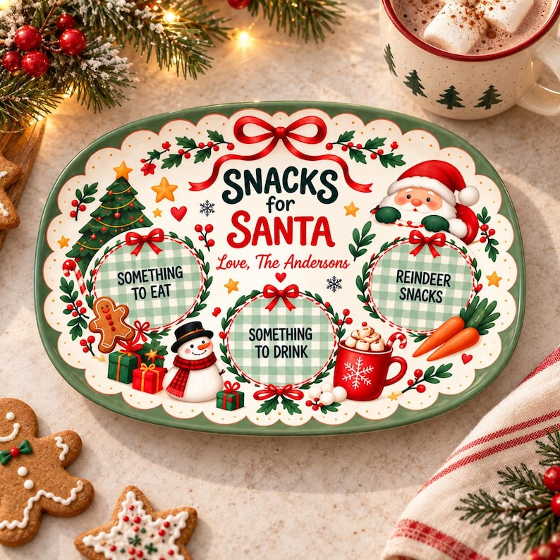Personalized Snacks for Santa Plate, Custom Family Name Christmas Eve Platter, Gingerbread Cookie Tray, Christmas Gift Decor