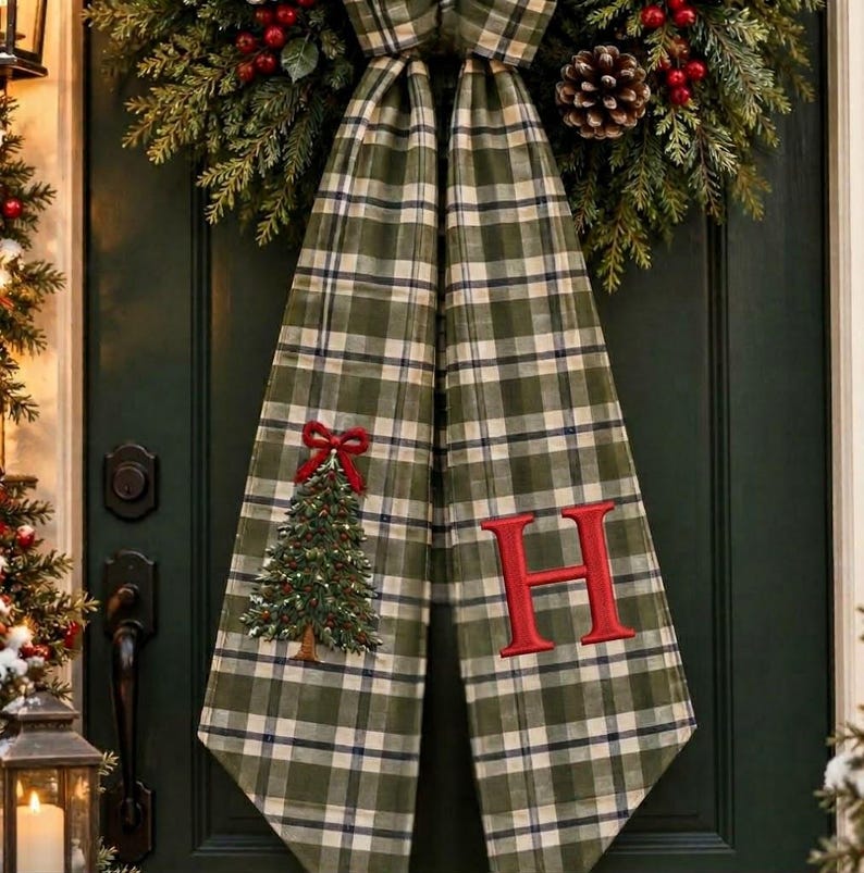 Embroidered Red White Striped Christmas Tree Wreath Sash, Personalized Monogram Wreath Sash