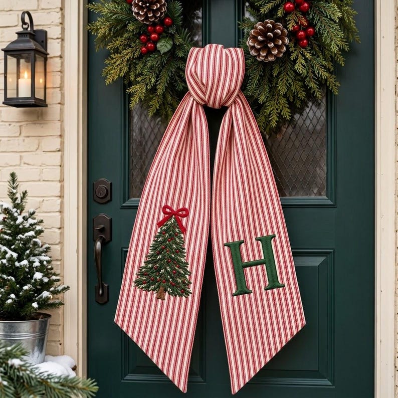 Embroidered Red White Striped Christmas Tree Wreath Sash, Personalized Monogram Wreath Sash