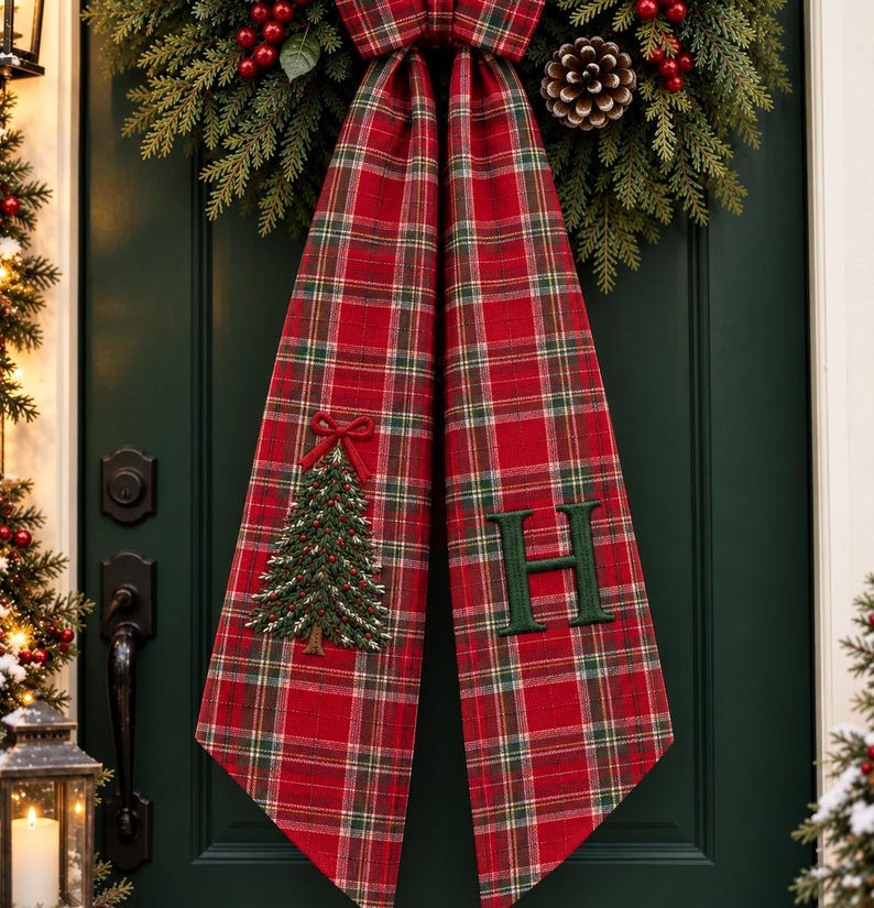 Embroidered Red White Striped Christmas Tree Wreath Sash, Personalized Monogram Wreath Sash