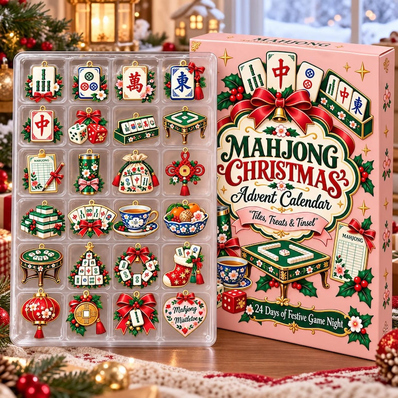 Mahjong Christmas Advent Calendar, 24 Mahjong Ornaments, Game Night Holiday Decor, Mahjong Lover Gift