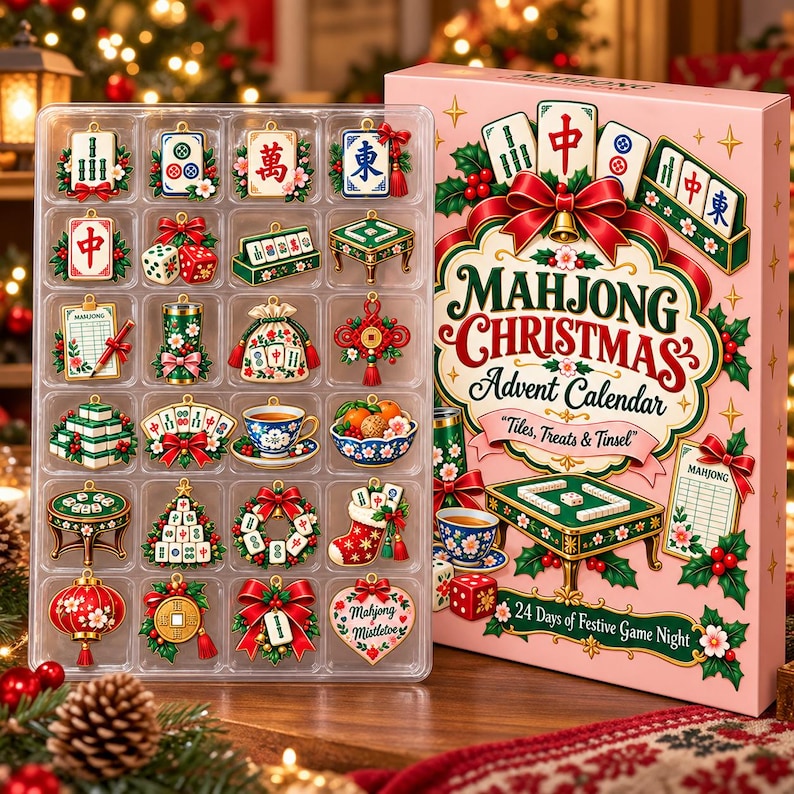 Mahjong Christmas Advent Calendar, 24 Mahjong Ornaments, Game Night Holiday Decor, Mahjong Lover Gift