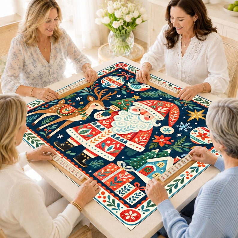 Scandinavian Christmas Mahjong Mat, Nordic Santa Reindeer Folk Art Holiday Table Decor