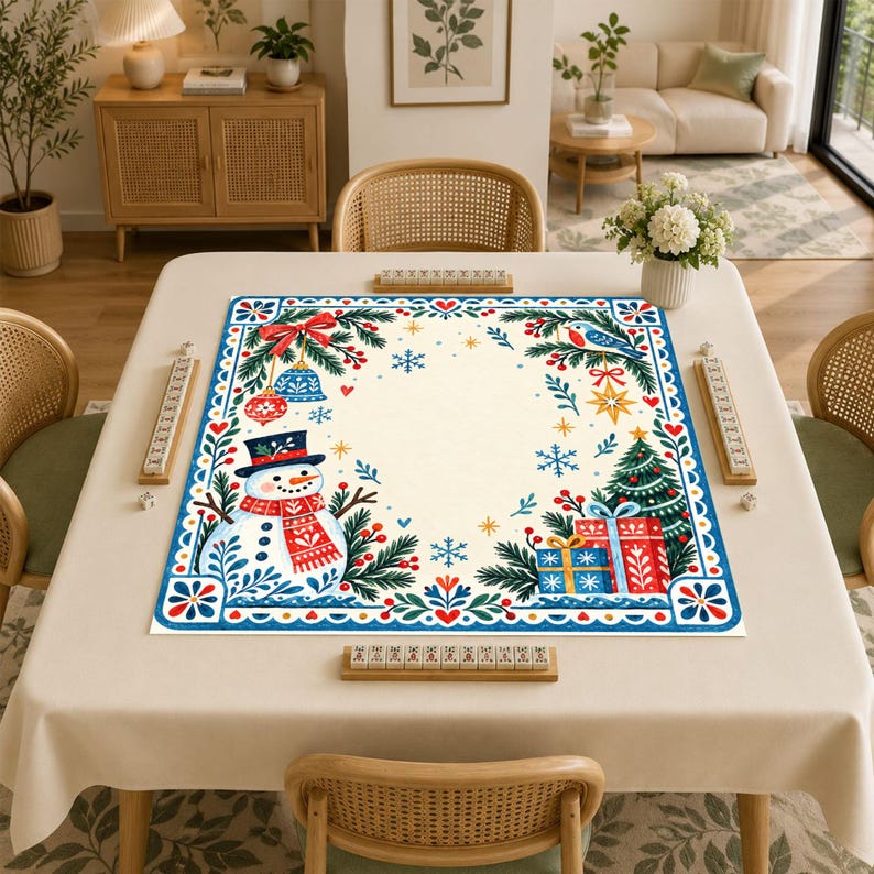 Vintage Snowman Christmas Mahjong Mat, Robin Bird Winter Holiday Game Night Gift, American Mahjong Table Cover