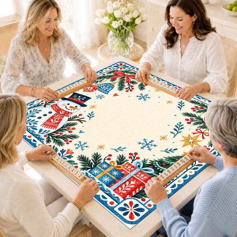 Vintage Snowman Christmas Mahjong Mat, Robin Bird Winter Holiday Game Night Gift, American Mahjong Table Cover