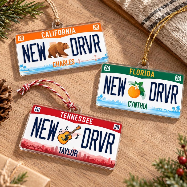Custom State License Plate Ornament, New Driver Gift, New Car License Ornament, Personalized Christmas Gift for Teen Driver
