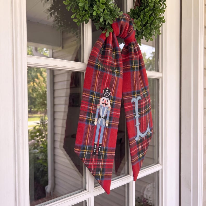 Custom Christmas Wreath Bow, Red Plaid Sash Monogram, Winter Front Door