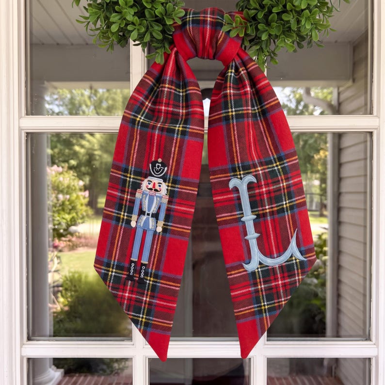 Custom Christmas Wreath Bow, Red Plaid Sash Monogram, Winter Front Door