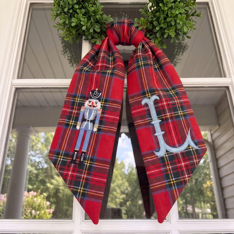 Custom Christmas Wreath Bow, Red Plaid Sash Monogram, Winter Front Door