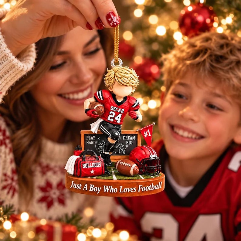 Personalized Just A Boy Who Loves Football Ornament, Custom Player Name & Number Gift, Christmas Keepsake