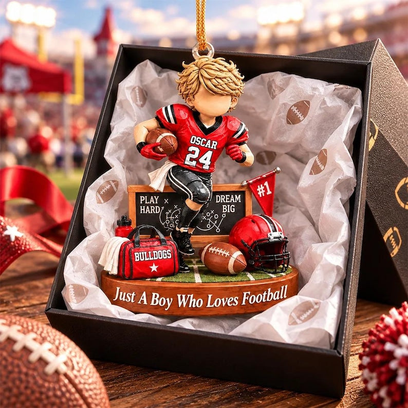 Personalized Just A Boy Who Loves Football Ornament, Custom Player Name & Number Gift, Christmas Keepsake