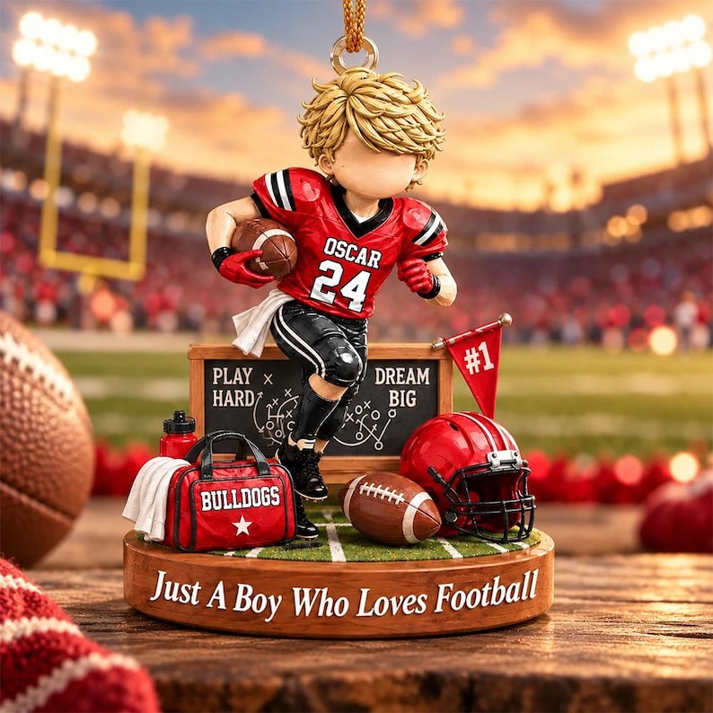 Personalized Just A Boy Who Loves Football Ornament, Custom Player Name & Number Gift, Christmas Keepsake