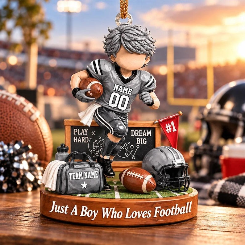 Personalized Just A Boy Who Loves Football Ornament, Custom Player Name & Number Gift, Christmas Keepsake