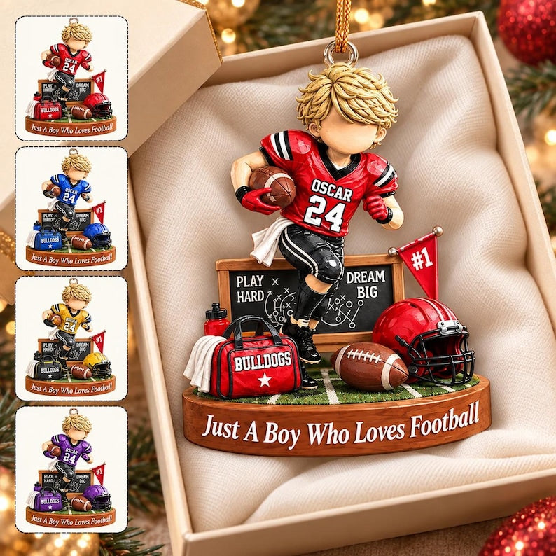 Personalized Just A Boy Who Loves Football Ornament, Custom Player Name & Number Gift, Christmas Keepsake