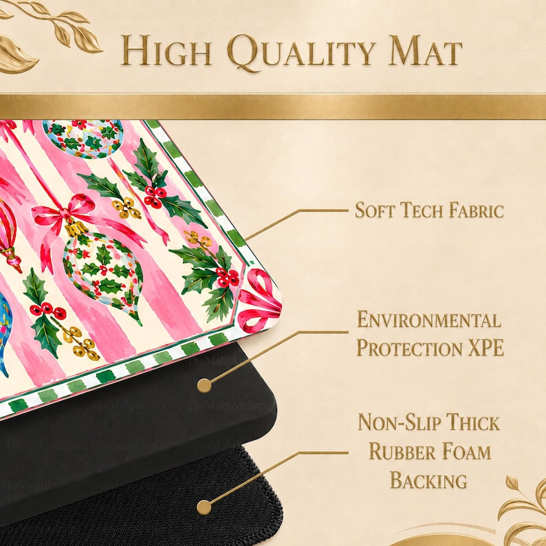Pink Christmas Ornament Mahjong Mat, Striped Bauble American Mahjong Game Mat, Preppy Bow Holly Holiday Non Slip Cover