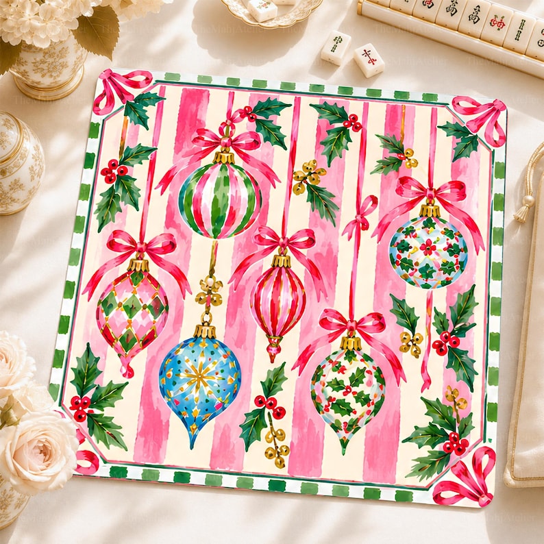 Pink Christmas Ornament Mahjong Mat, Striped Bauble American Mahjong Game Mat, Preppy Bow Holly Holiday Non Slip Cover