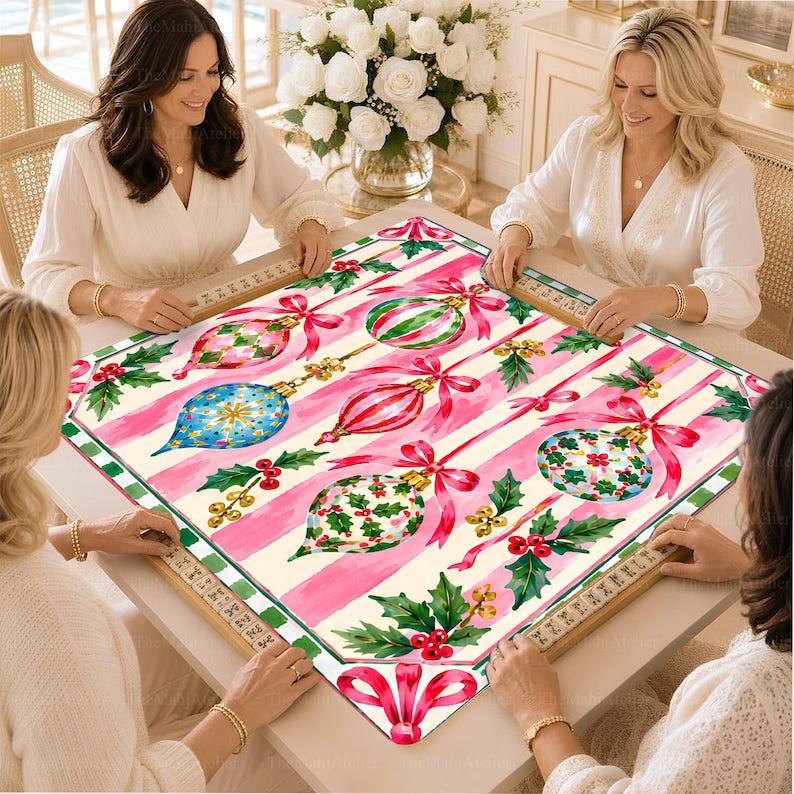 Pink Christmas Ornament Mahjong Mat, Striped Bauble American Mahjong Game Mat, Preppy Bow Holly Holiday Non Slip Cover