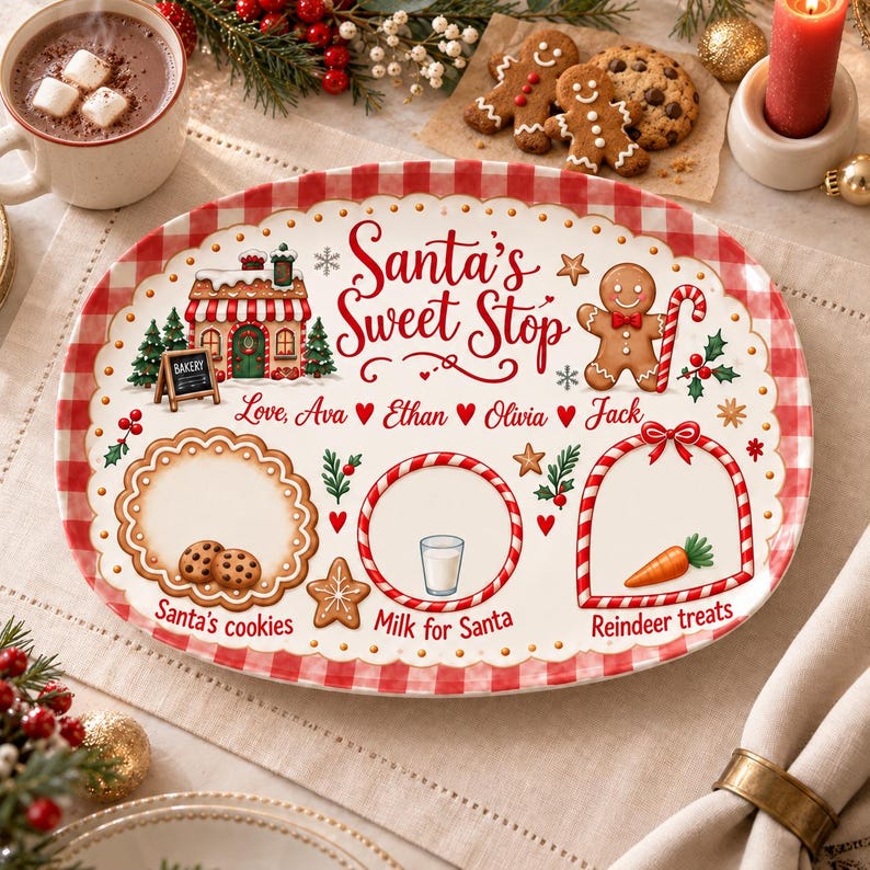 Custom Name Santa Cookie Plate, Cookies for Santa Platter, Personalized Holiday Christmas Plate for Family