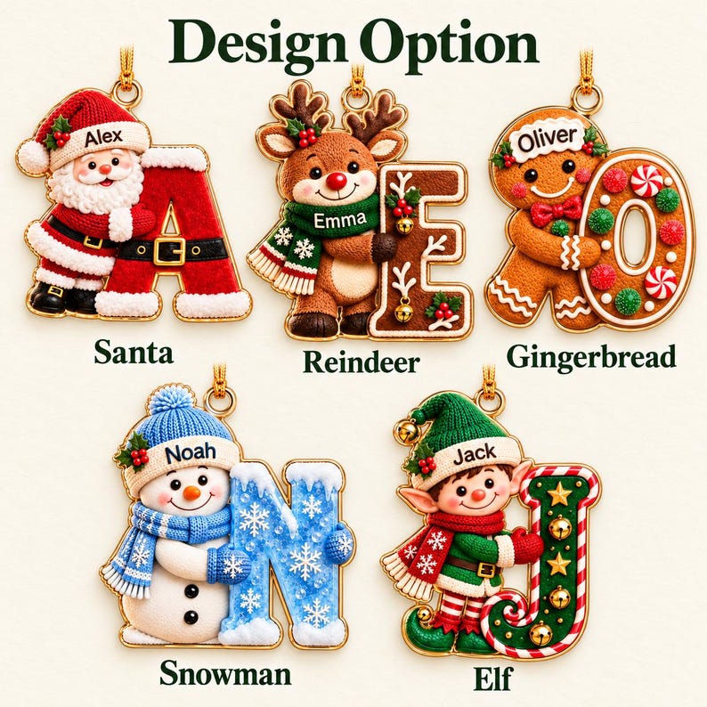 Personalized First Letter Ornament 2026, Snowman Christmas Initial Ornament, Santa Reindeer Gingerbread with Name and Letter Ornament