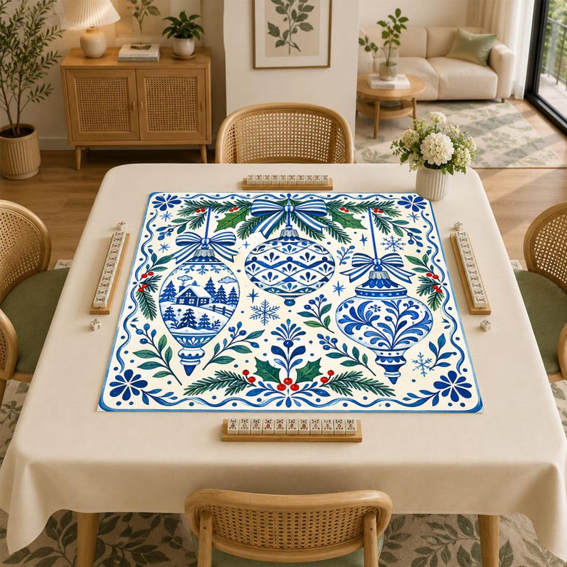 Personalized Blue Christmas Mahjong Mat, Chinoiserie Ornament Table Cover, Winter Holiday Game Night Decor