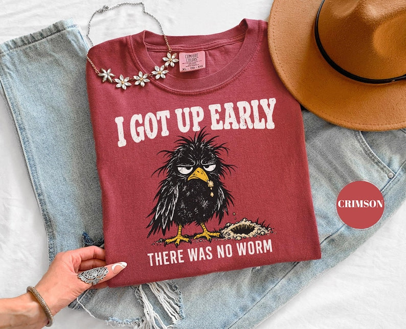 I Got Up Early There Was No Worm T-Shirt, Funny Grumpy Crow Tee, Sarcastic Bird Humor, Comfort Colors Unisex Top