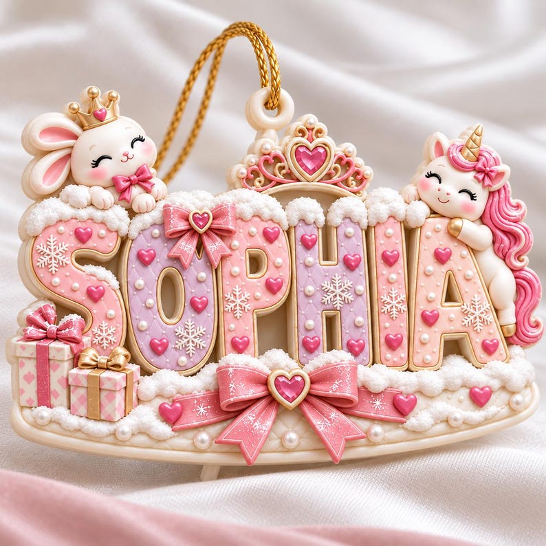 Personalized Princess Christmas Ornament, Custom Girl Name Ornament, Pink Unicorn Bunny Keepsake Gift
