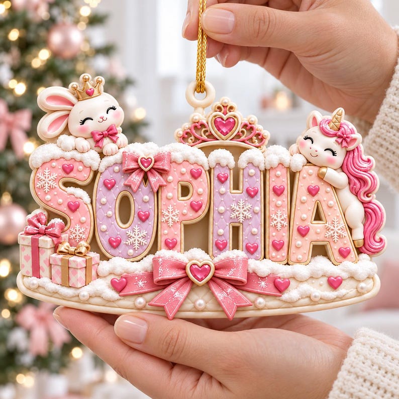 Personalized Princess Christmas Ornament, Custom Girl Name Ornament, Pink Unicorn Bunny Keepsake Gift