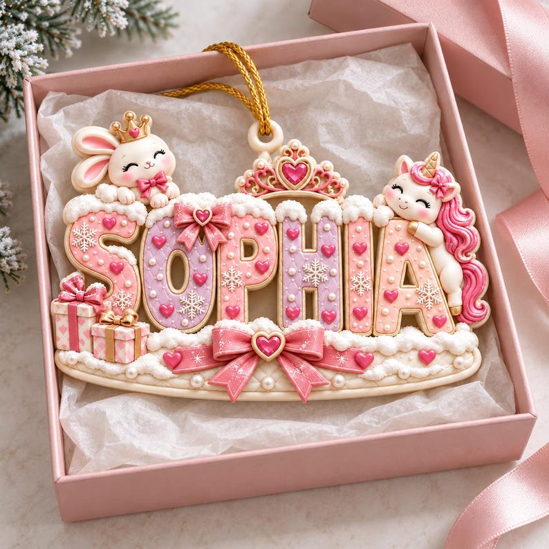 Personalized Princess Christmas Ornament, Custom Girl Name Ornament, Pink Unicorn Bunny Keepsake Gift